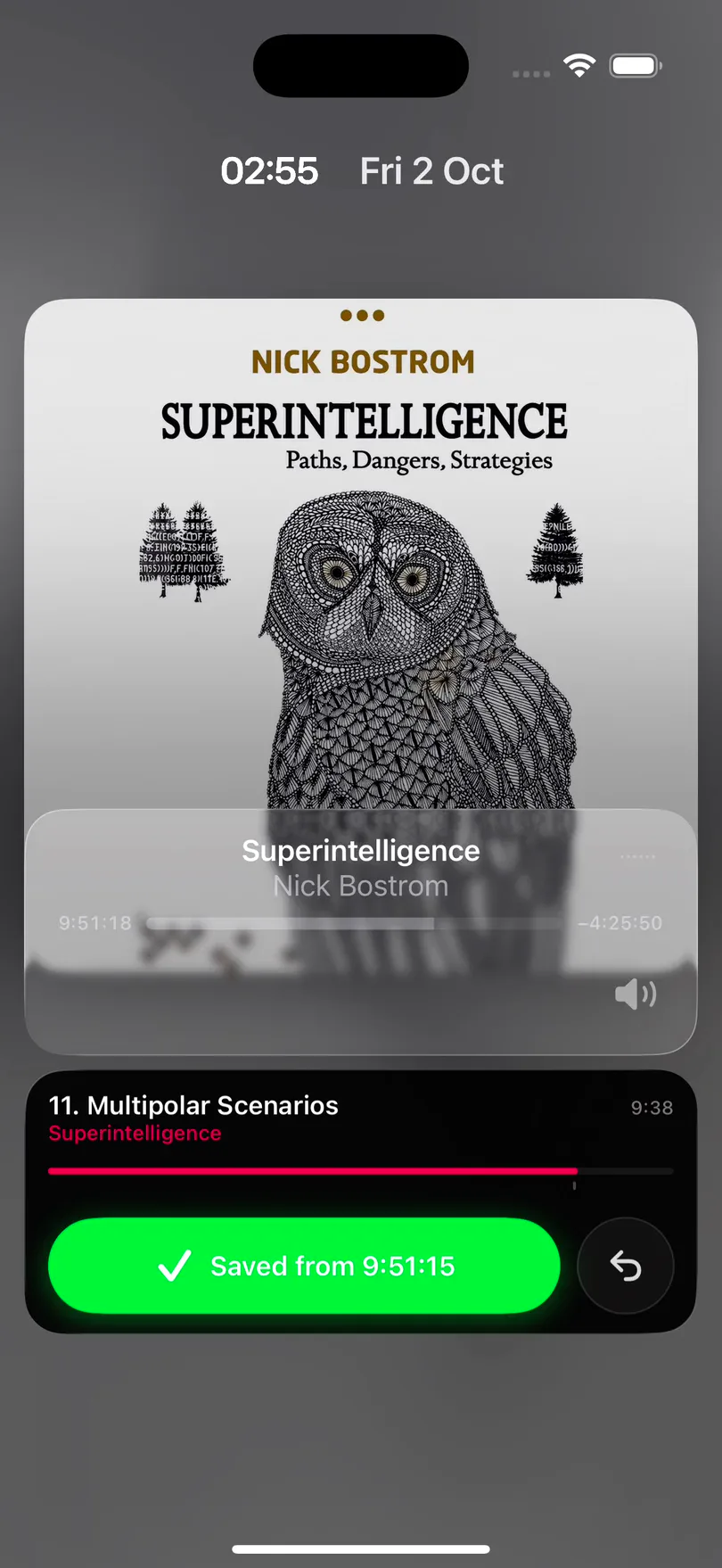 A locked iPhone playing an audiobook. Tapping Take Highlight on Excerpt's Lock Screen card turns the button green, reading Saved from 9:51:15, with an undo button beside it.