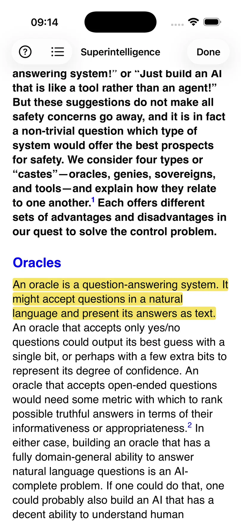 Tapping Show in EPUB in Edit Highlight opens Superintelligence at the highlighted passage, marked in yellow.