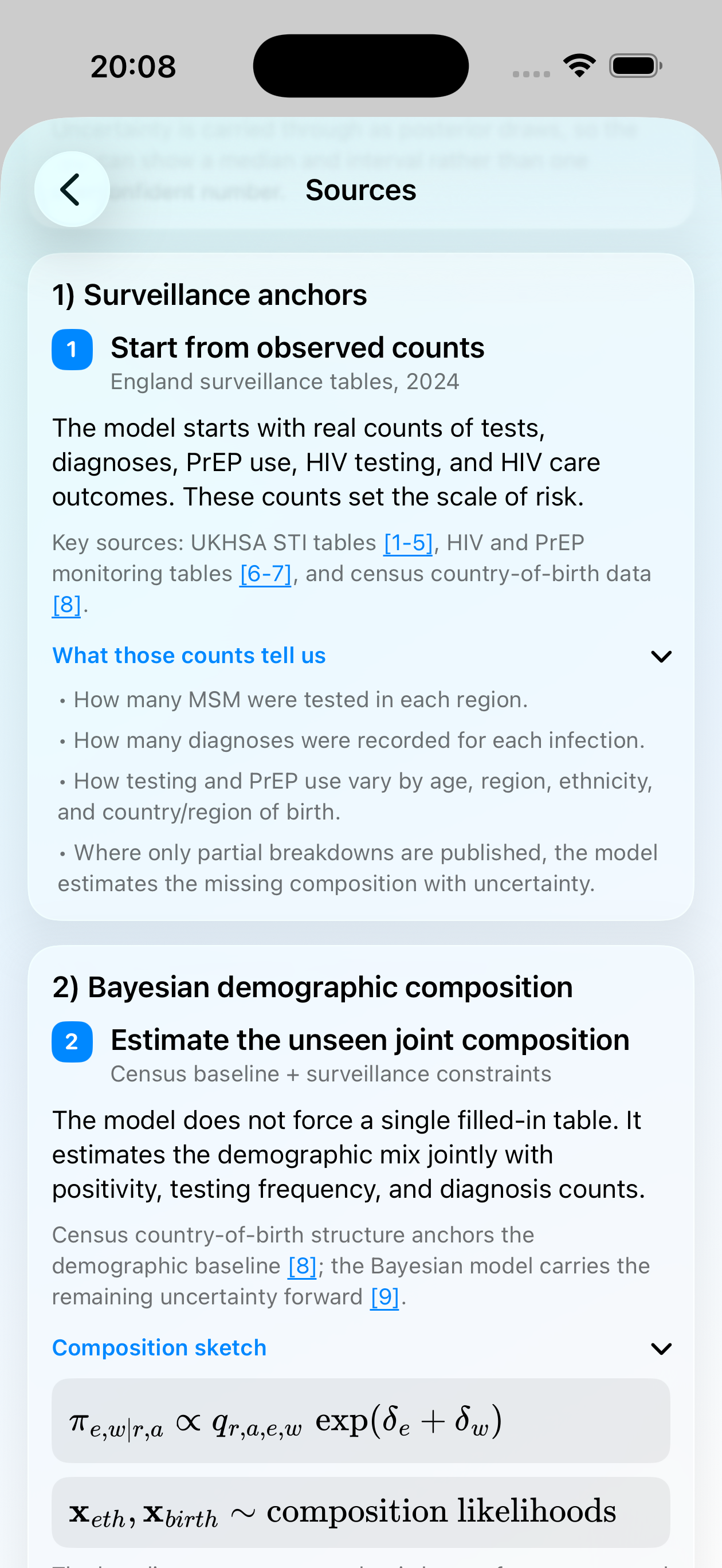 SixtyNineMSM sources and methodology screen showing surveillance data and model inputs